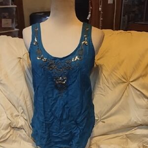 LOFT Teal Blue Embellished Scoop Neck Top